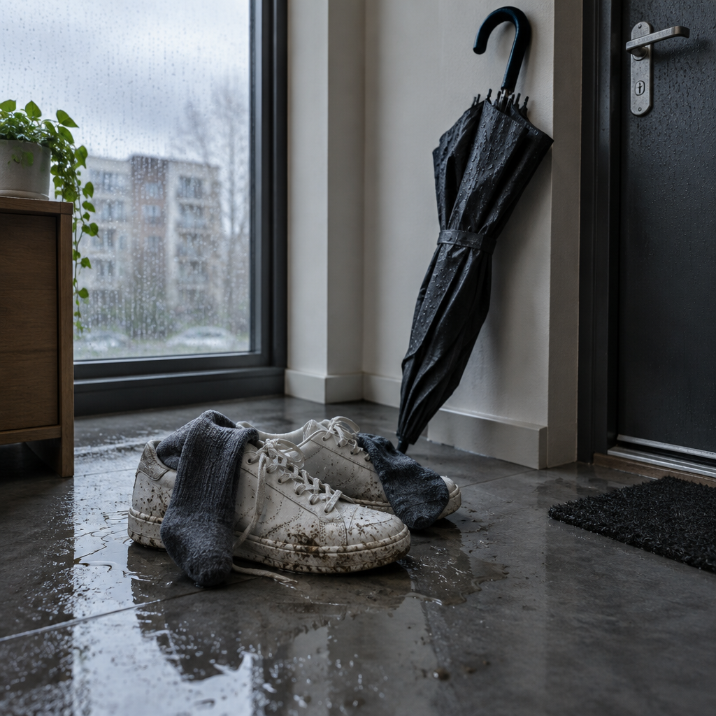 Zapatillas mojadas y embarradas junto a la puerta en un día de lluvia